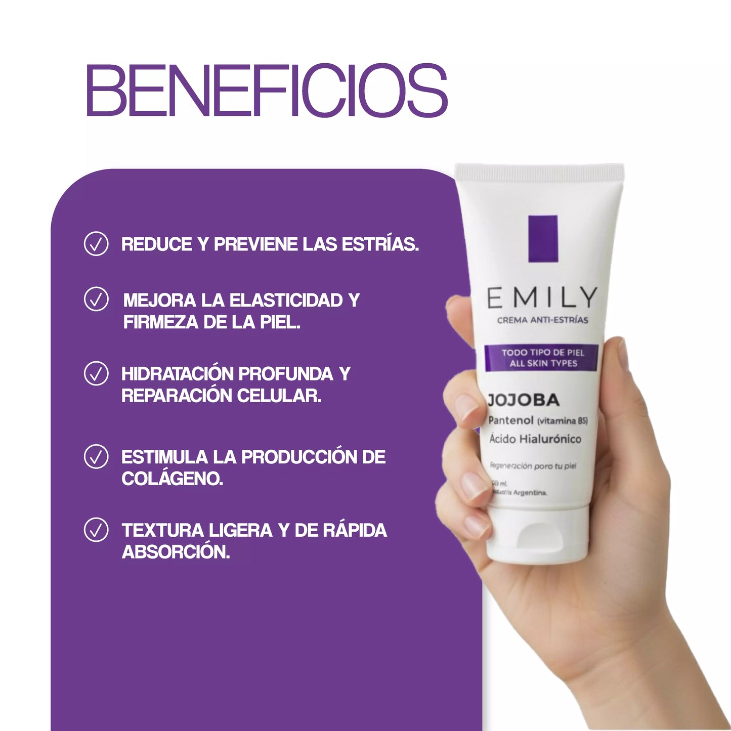 Crema para Estrías EMILY 200ml🧴🦵 con Jojoba, B5 y Ácido Hialurónico