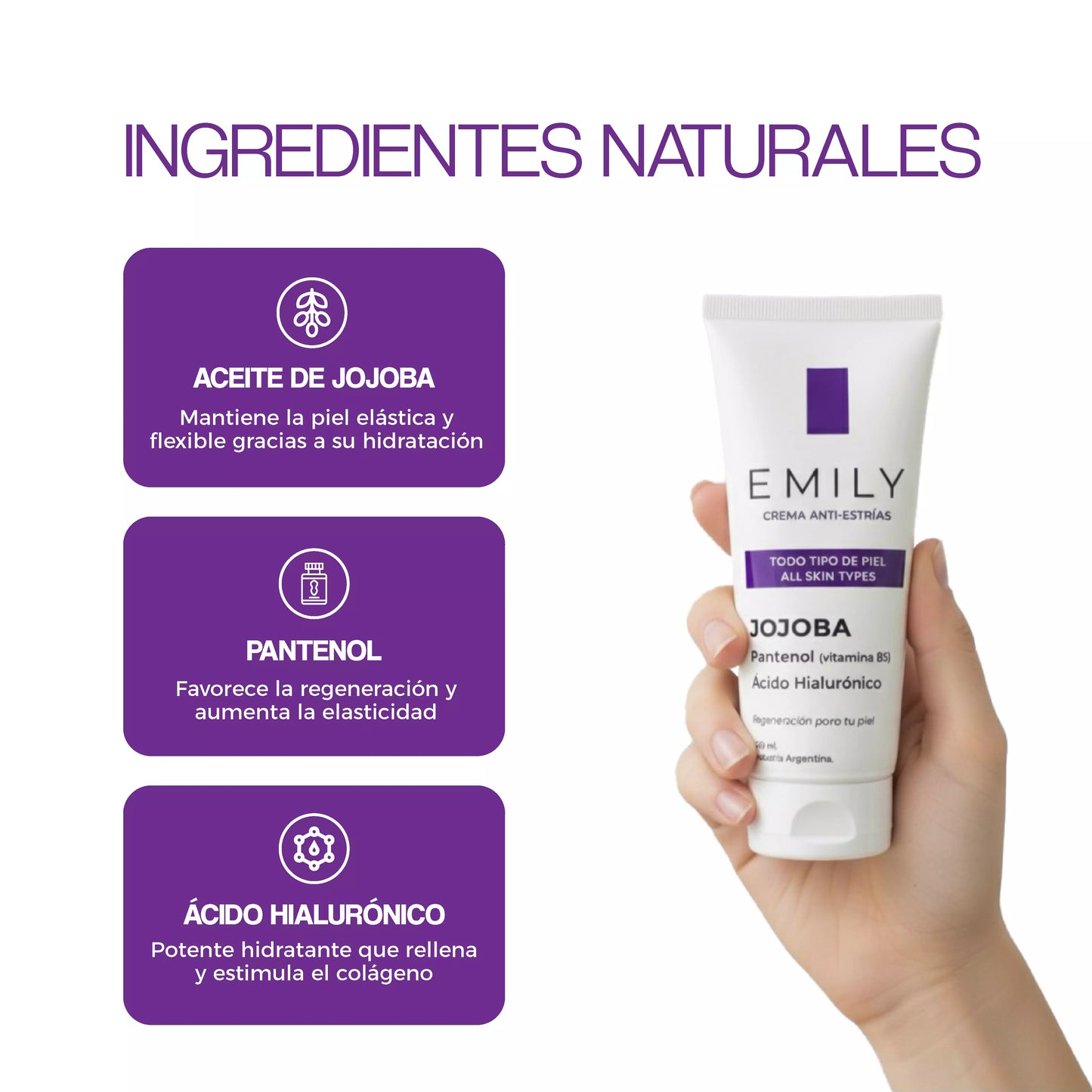 Crema para Estrías EMILY 200ml🧴🦵 con Jojoba, B5 y Ácido Hialurónico