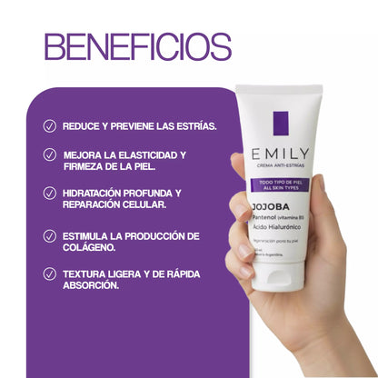 Crema para Estrías EMILY 200ml🧴🦵 con Jojoba, B5 y Ácido Hialurónico